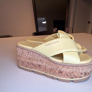 Salvatore Ferragamo Yellow Cork Platform Slides